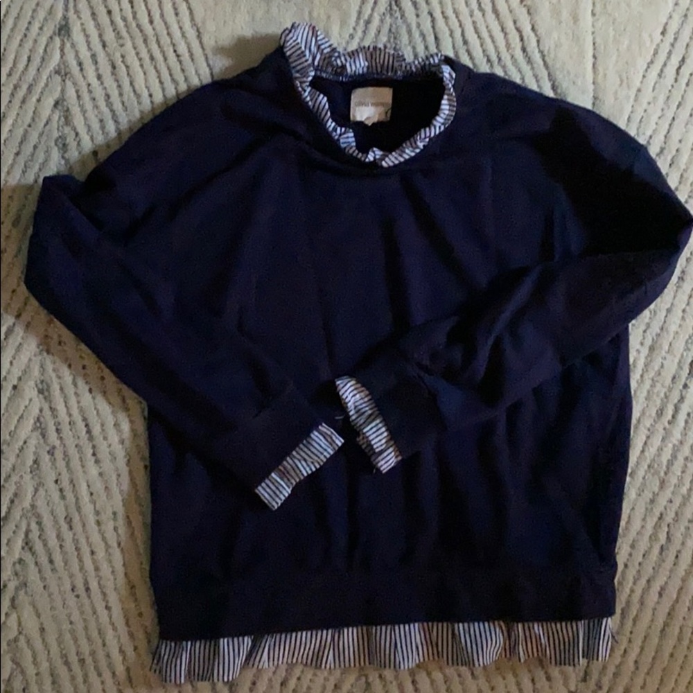 Navy sweatshirt, ruffle trim, medium